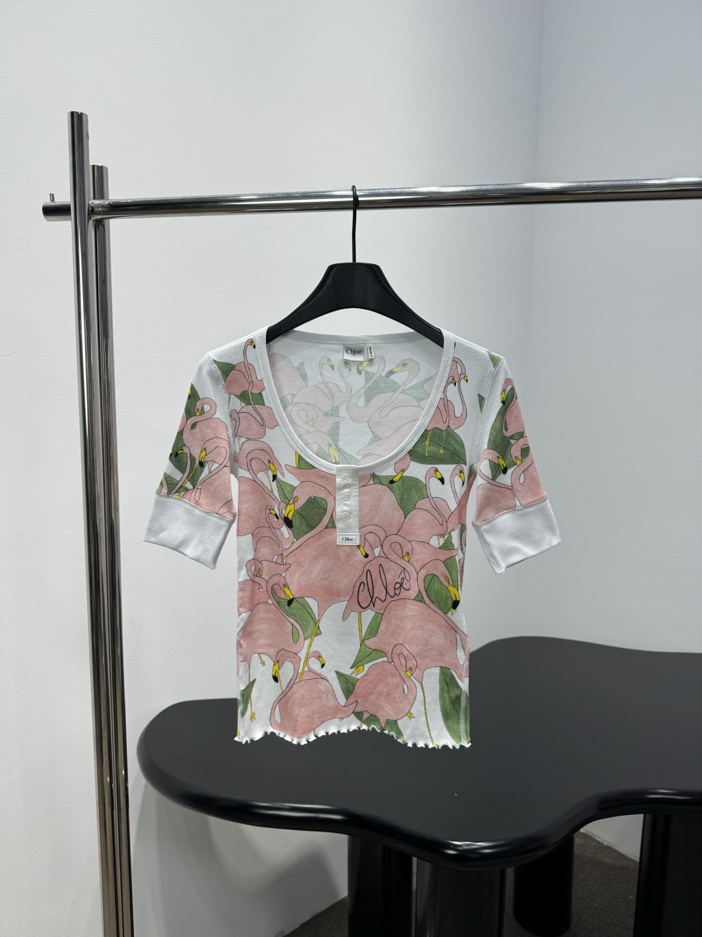 フラミンゴ ヘンリーネック トップス クロエ Tシャツ コピー リブ編み