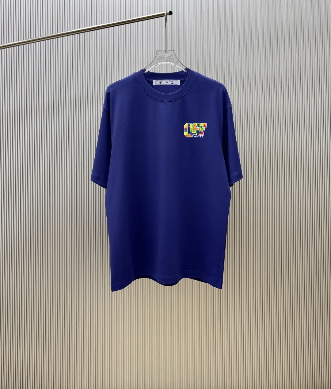 オフホワイト Tシャツ 偽物 カジュアル ストリート バックプリント 半袖Tシャツ ブルー