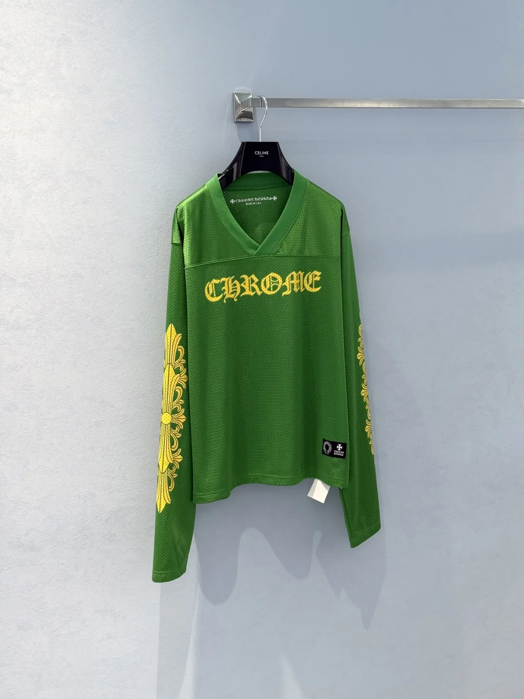 コットン メッシュクロムハーツ Tシャツ 偽物 Vネック長袖カットソー グリーン