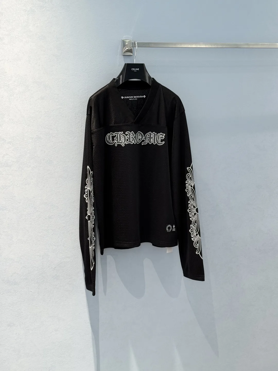 クロムハーツ Tシャツ 偽物 Vネック長袖カットソー コットン メッシュ ブラック