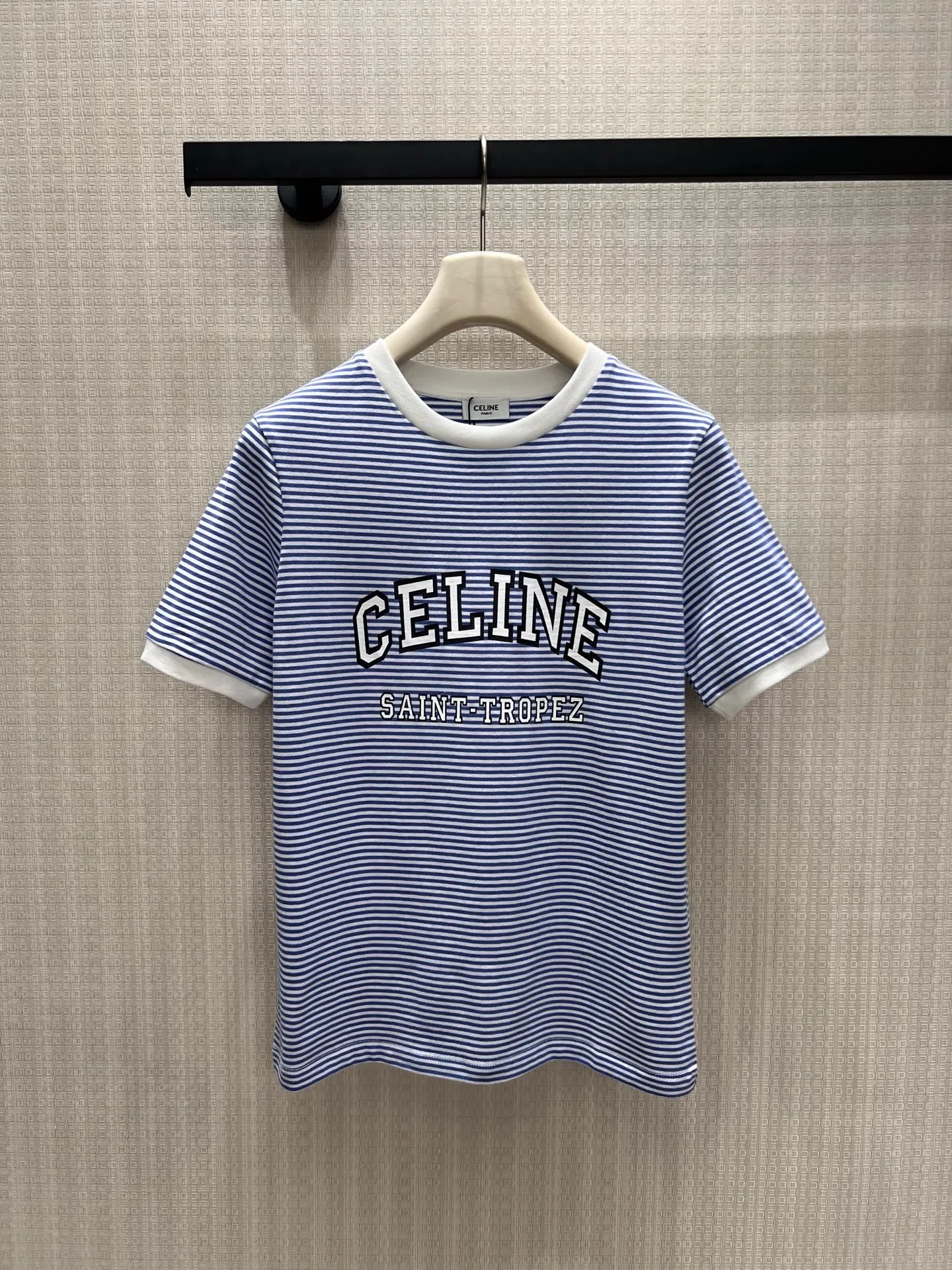 カジュアル ボーダー柄 ロゴプリント 半袖Tシャツ セリーヌ Tシャツ 偽物 コットン ブルー