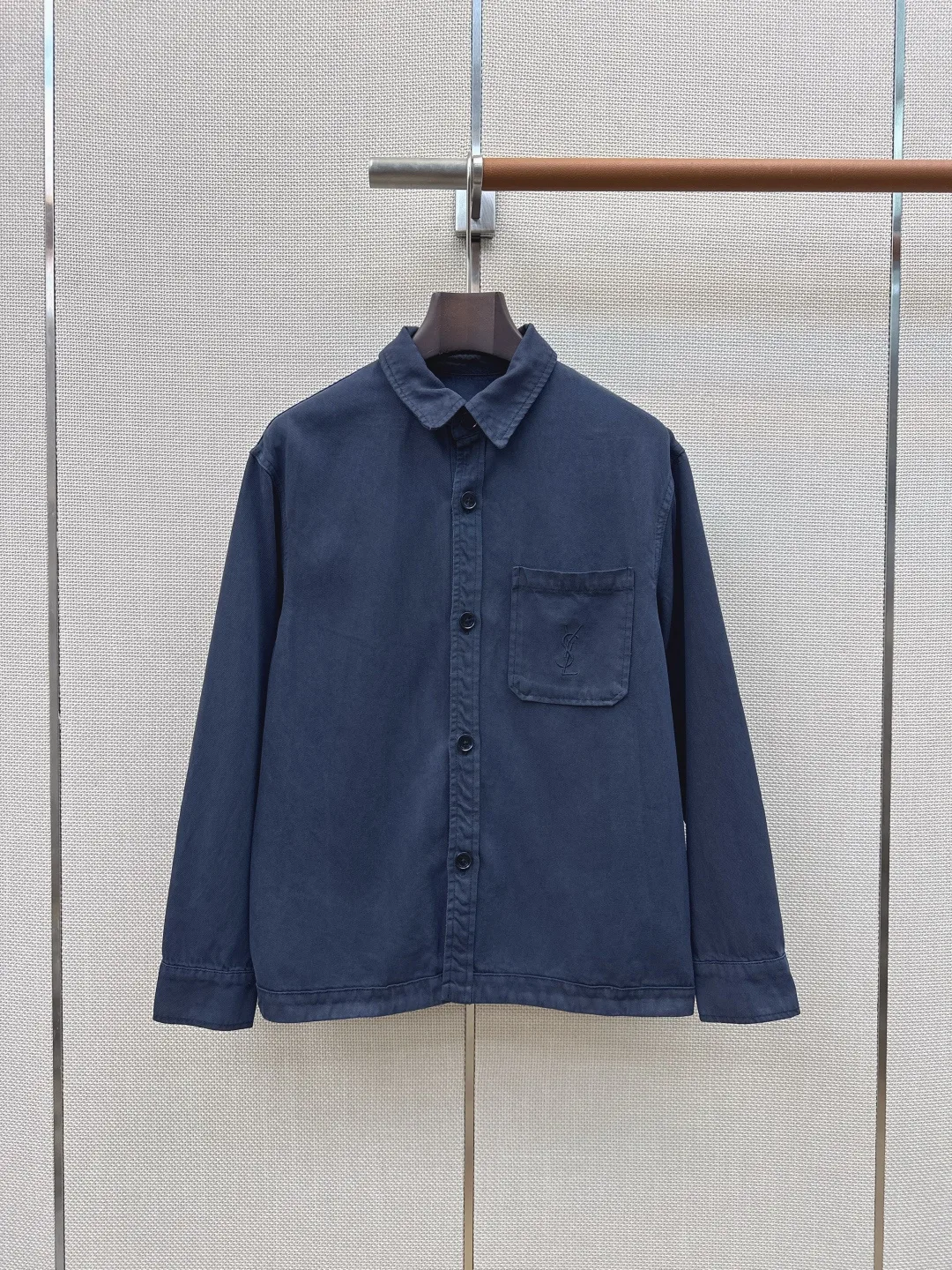 YSLロゴ刺繍 デニムシャツジャケット イヴ・サンローラン シャツ 偽物 ダークブルー