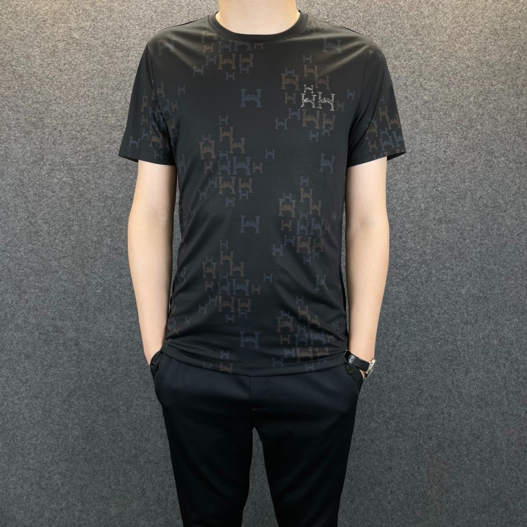 定番 シンプル 合わせやすい ラウンドネック 柔らかい ストレッチ エルメス Tシャツ コピー メンズ 半袖Tシャツ ブラック