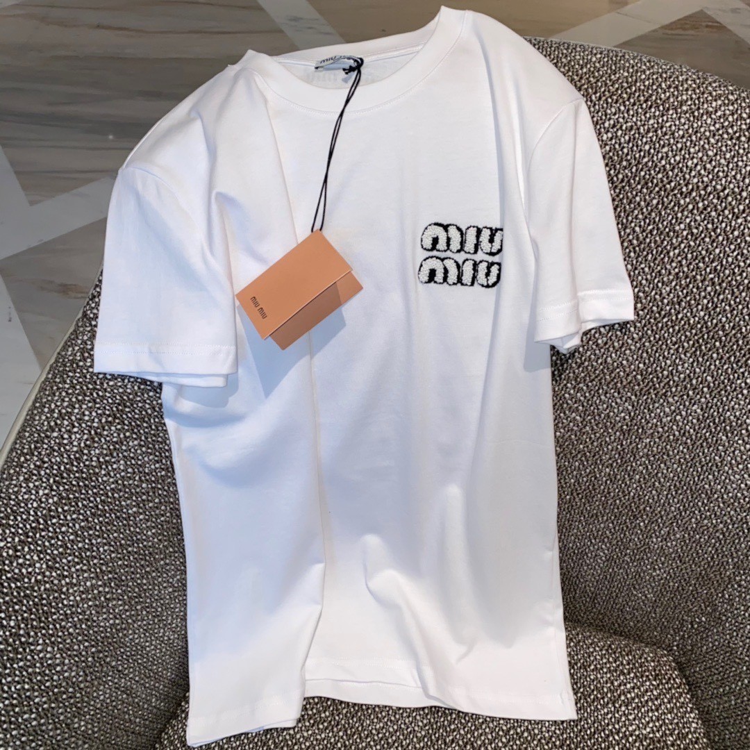 シンプル 定番 ロゴ ゆったり 合わせやすい クルーネック レディース トップス ミュウミュウ 半袖tシャツ コピー 春夏 ホワイト