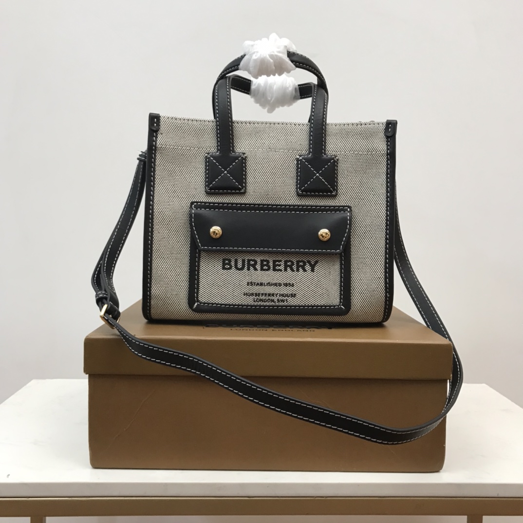 大人気 ミニ ツートン キャンバス＆レザー フレヤトート バーバリー バッグ コピー トートバッグ