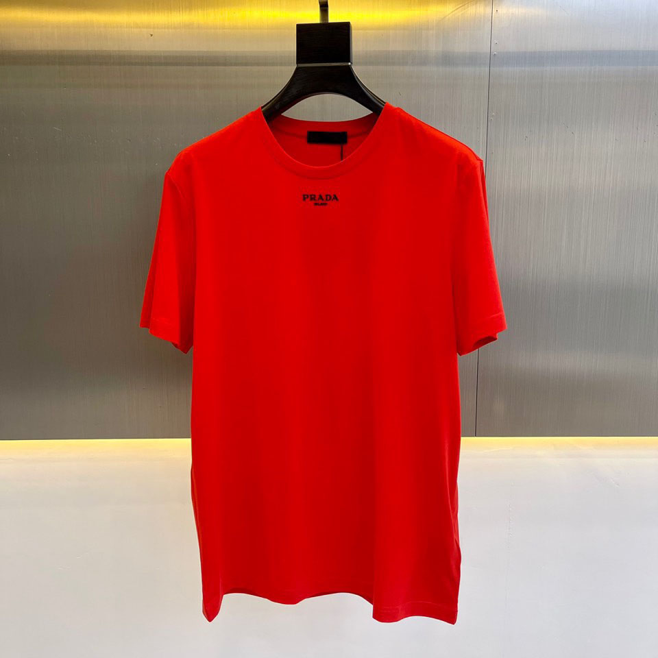 シンプル ロゴ クルーネック 半袖Tシャツ プラダ Tシャツ コピー レッド