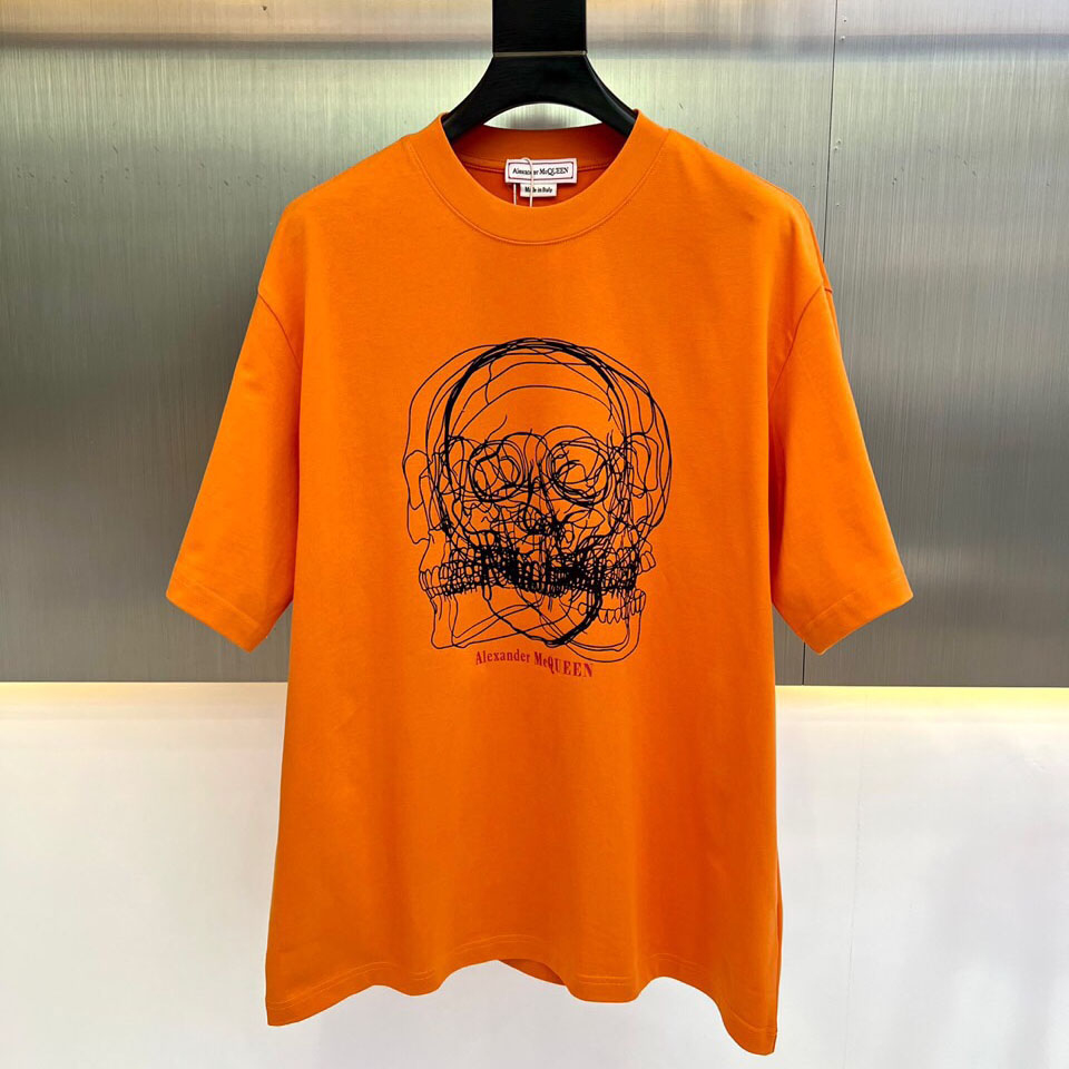 おしゃれ スケッチスカルTシャツ アレキサンダー・マックイーン Tシャツ コピー オレンジ