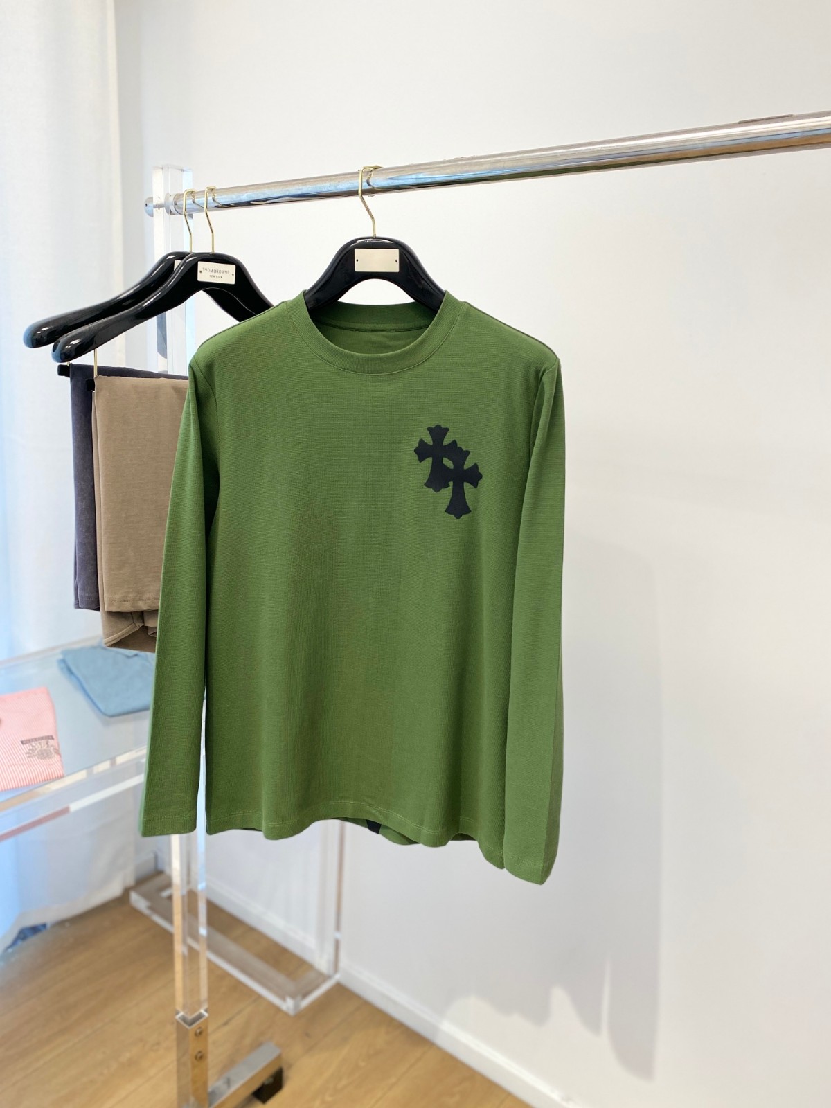 シンプル クロスロゴ クルーネック クロムハーツ Tシャツ コピー 長袖Tシャツ グリーン