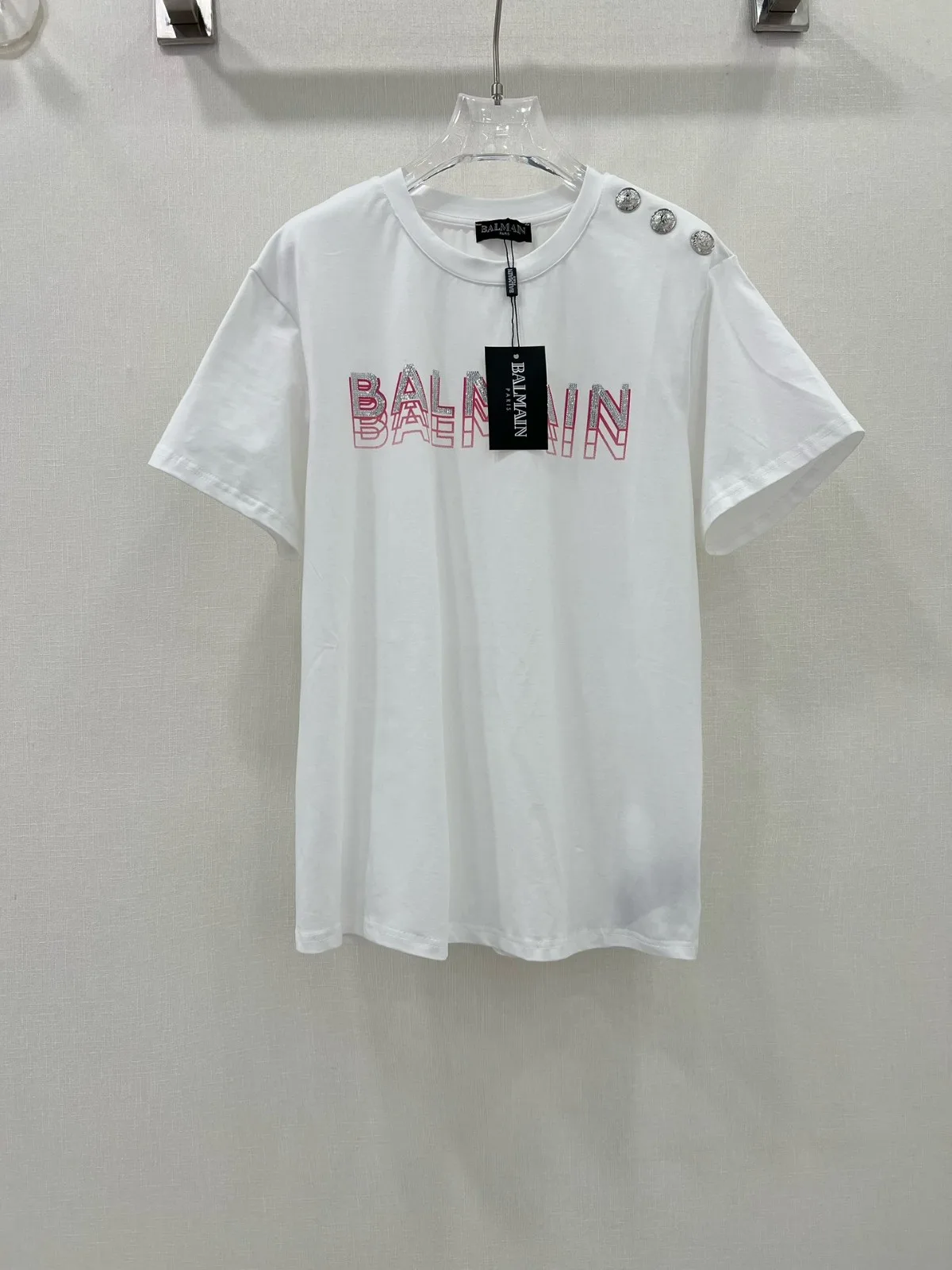 バルマン Tシャツ コピー ラインストーン ロゴ 半袖Tシャツ ホワイト バルマン Tシャツ コピー ラインストーン ロゴ 半袖Tシャツ ホワイト