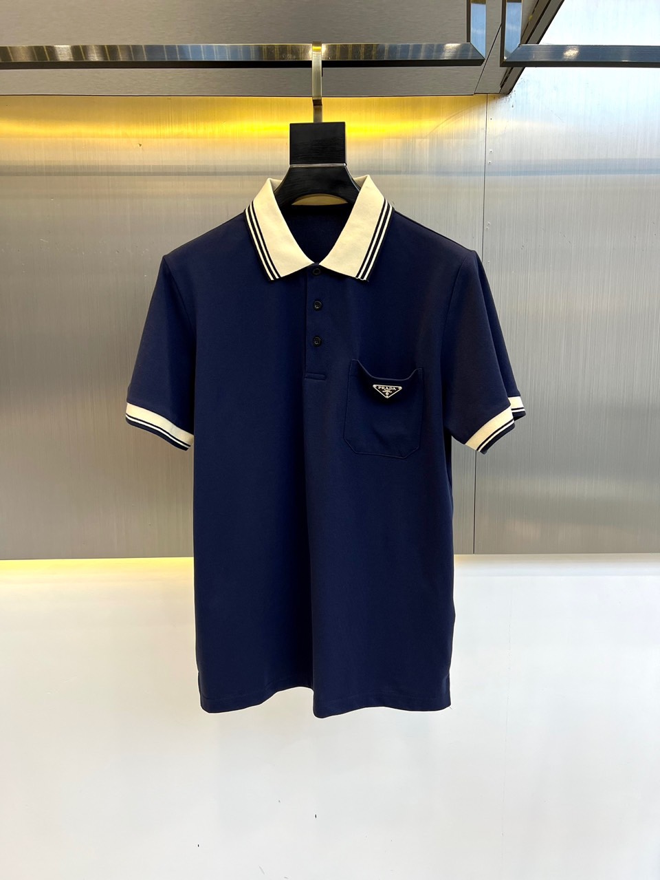 トライアングルロゴ付 コットンピケ ポロシャツ プラダ 半袖Tシャツ コピー ネイビー