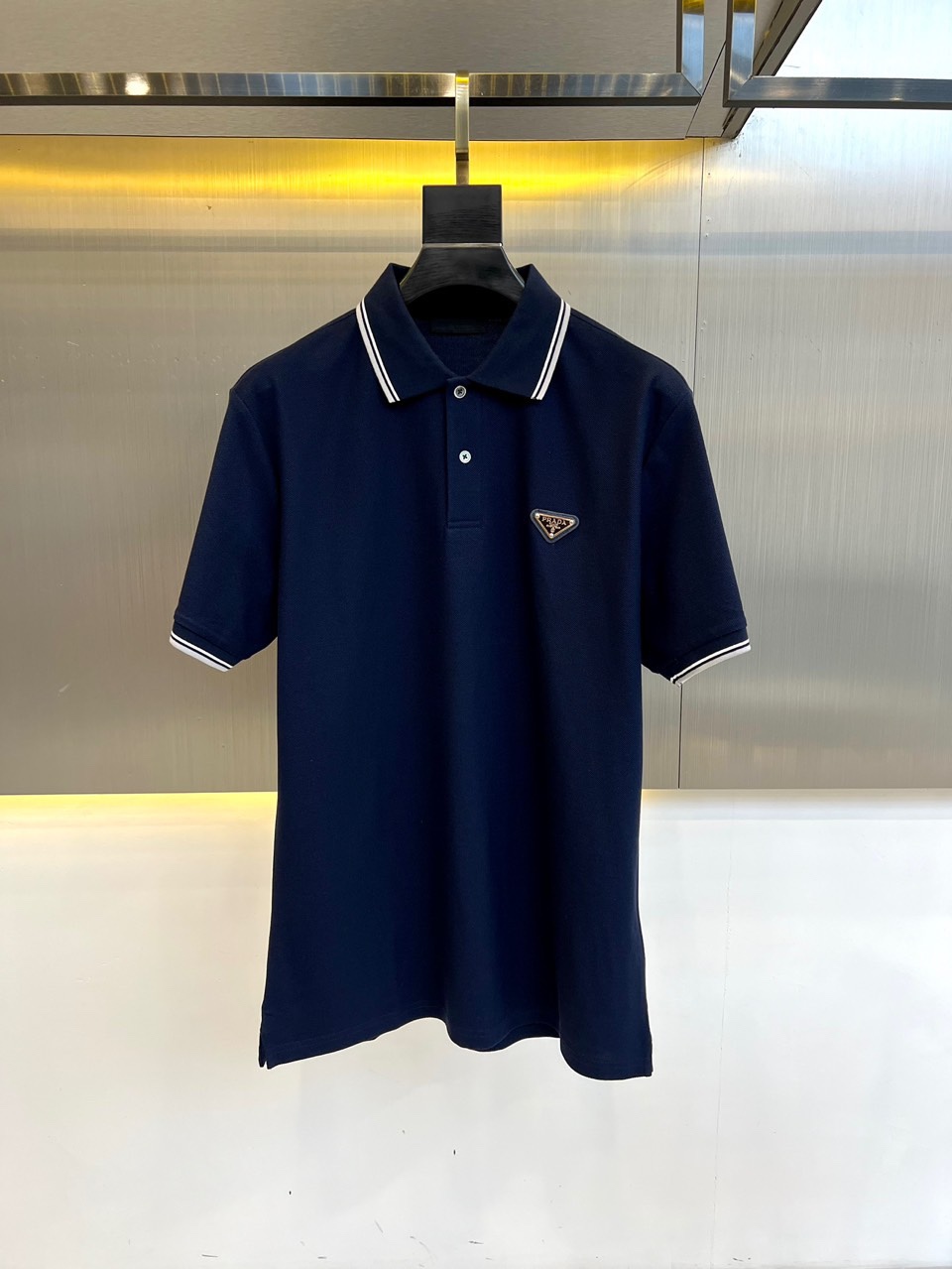 プラダ 半袖Tシャツ コピー トライアングルロゴ付 コットンピケ ポロシャツ ネイビー