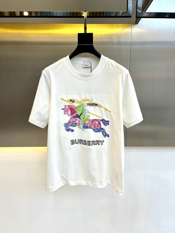 マルチカラー ロゴ刺繍 クルーネック バーバリー 半袖Tシャツ コピー ホワイト