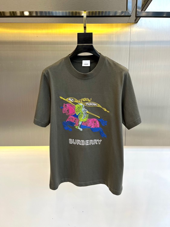 マルチカラー ロゴ刺繍 クルーネック バーバリー 半袖Tシャツ コピー グレー