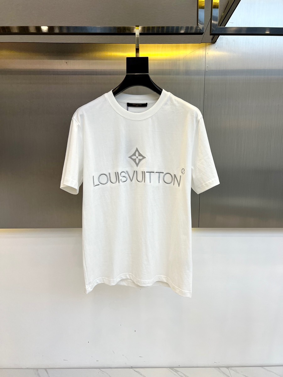 シンプル コットン ルイヴィトン Tシャツ 偽物 刺繍入り 半袖Tシャツ ホワイト