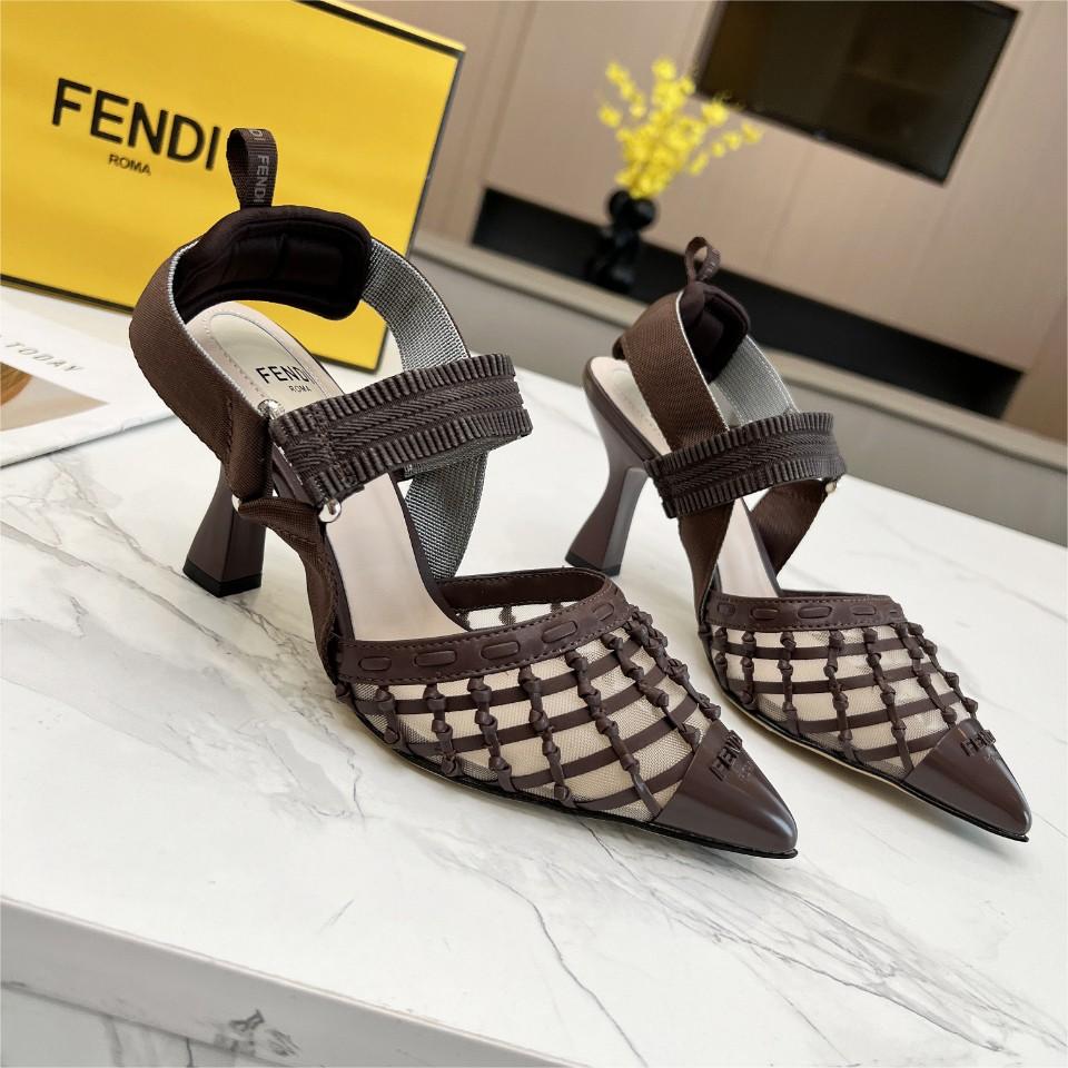 8.5cm インターレースレザー スリングバックシューズ フェンディ シューズ コピー ダークブラウン