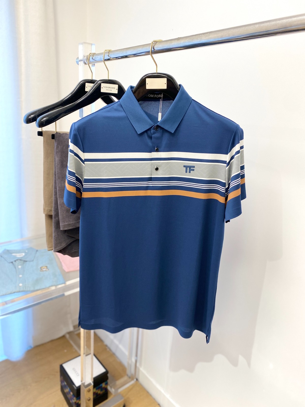 カジュアル おしゃれ 半袖ポロシャツ トムフォード Tシャツ 偽物 コットン ブルー