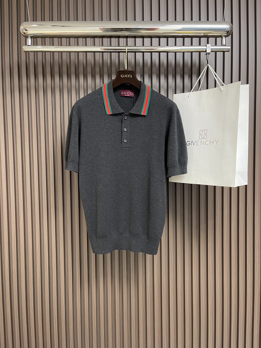 GUCCI ストライプ付コットンニットポロシャツ