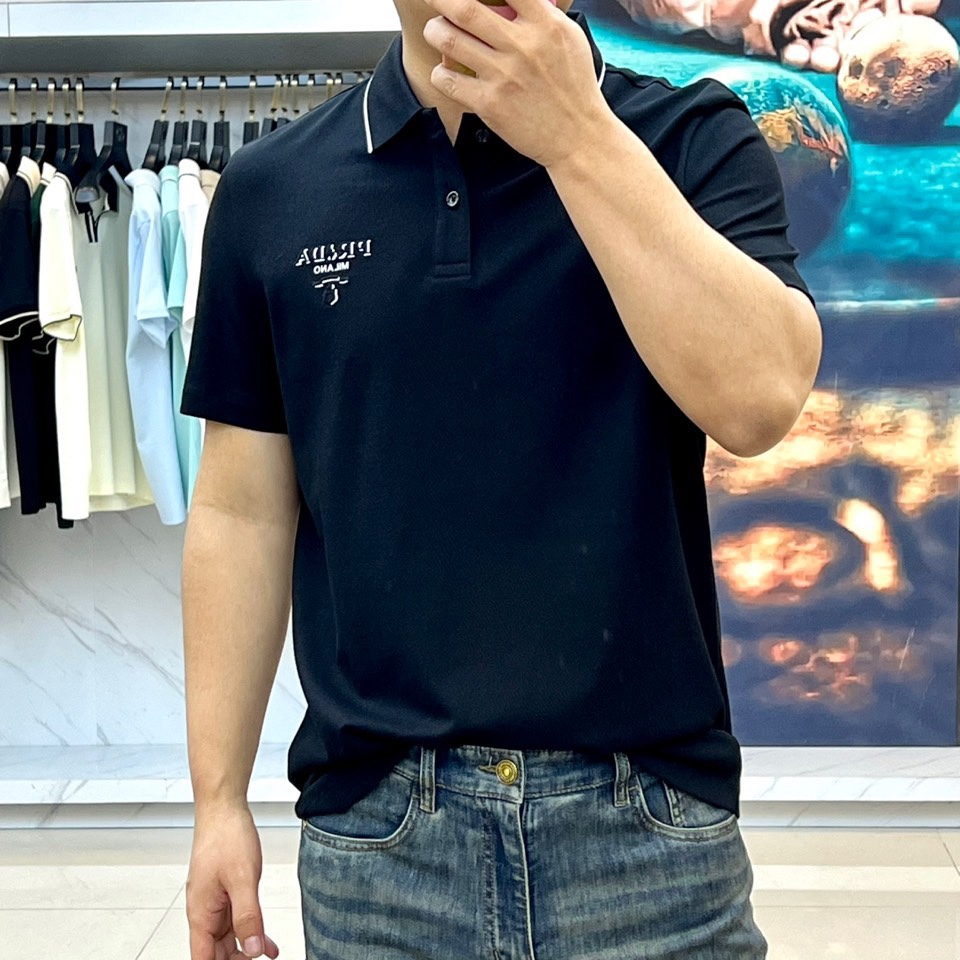洗練された カジュアル 半袖 ポロシャツ プラダ Tシャツ 偽物 コットンピケ ブラック