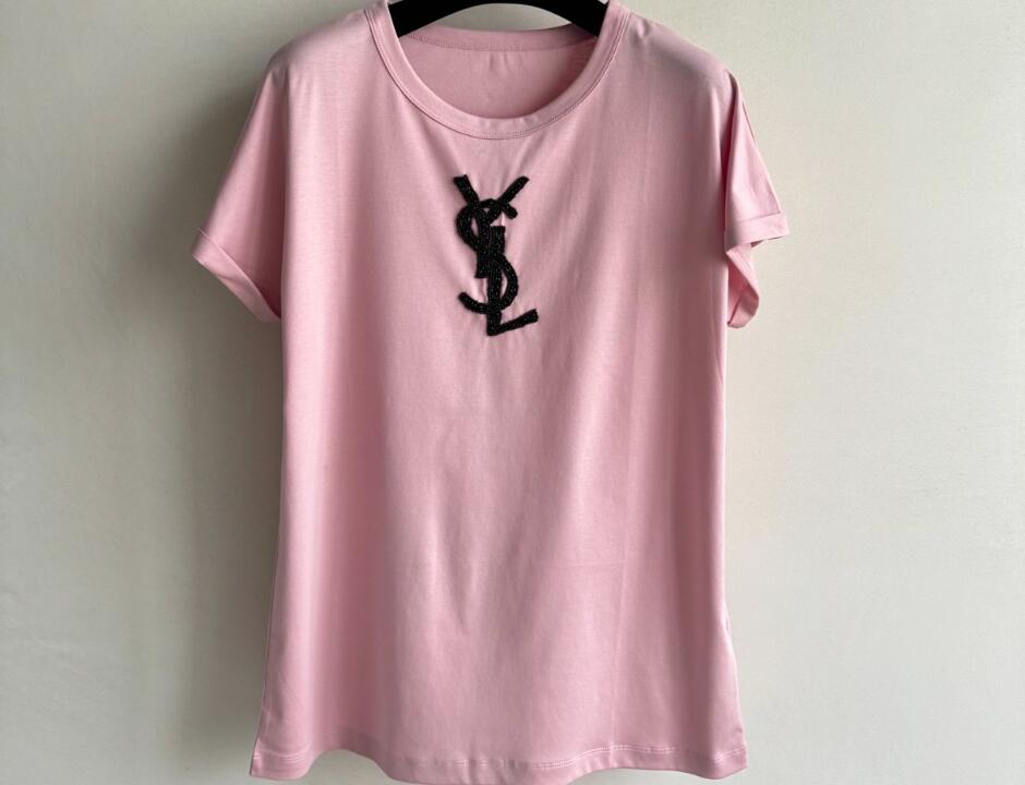 イヴ・サンローラン Tシャツ コピー 洗練された カジュアル YSLロゴ 半袖Tシャツ ピンク