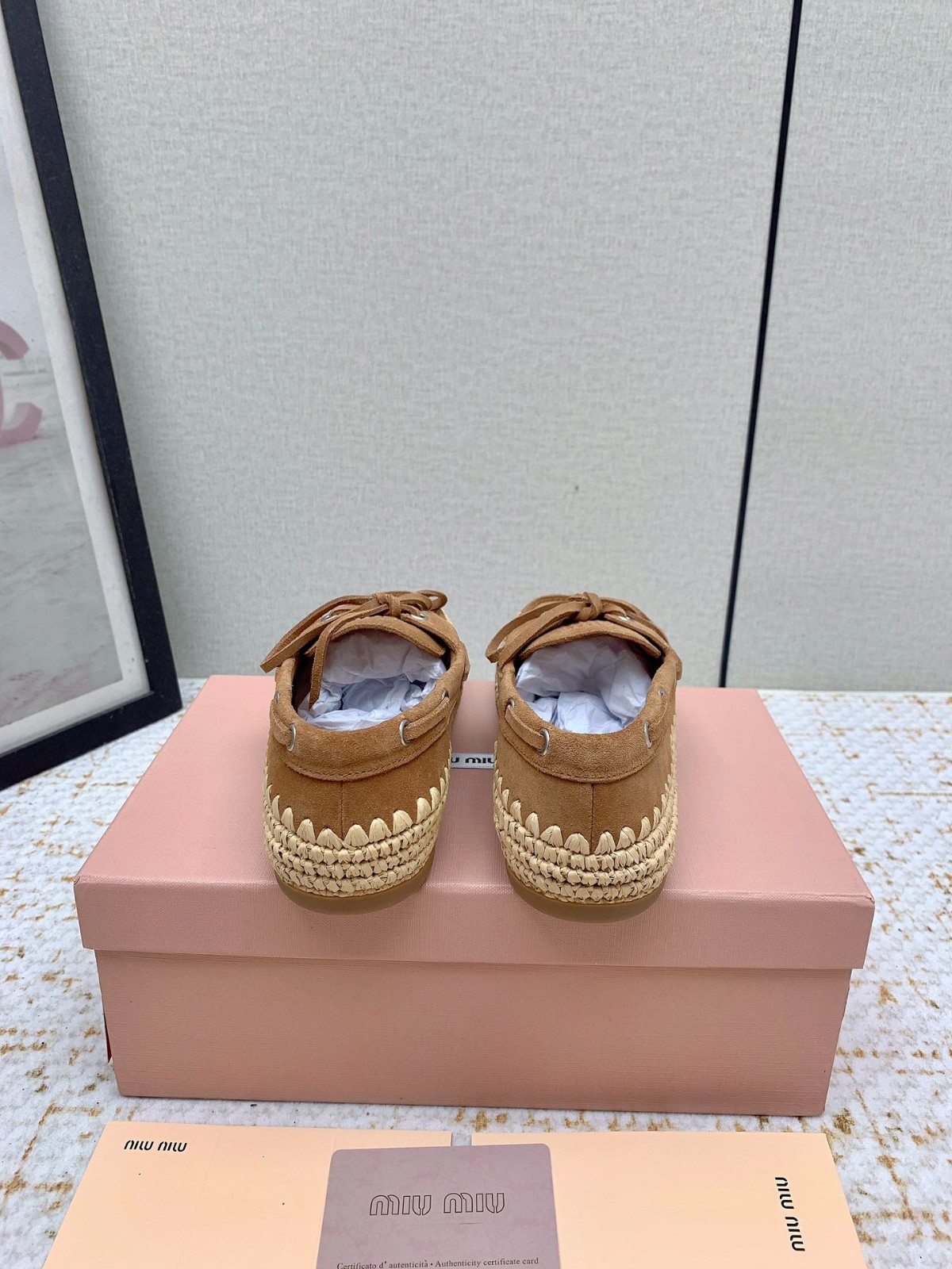 スエードxラフィア デッキシューズ ミュウミュウ シューズ