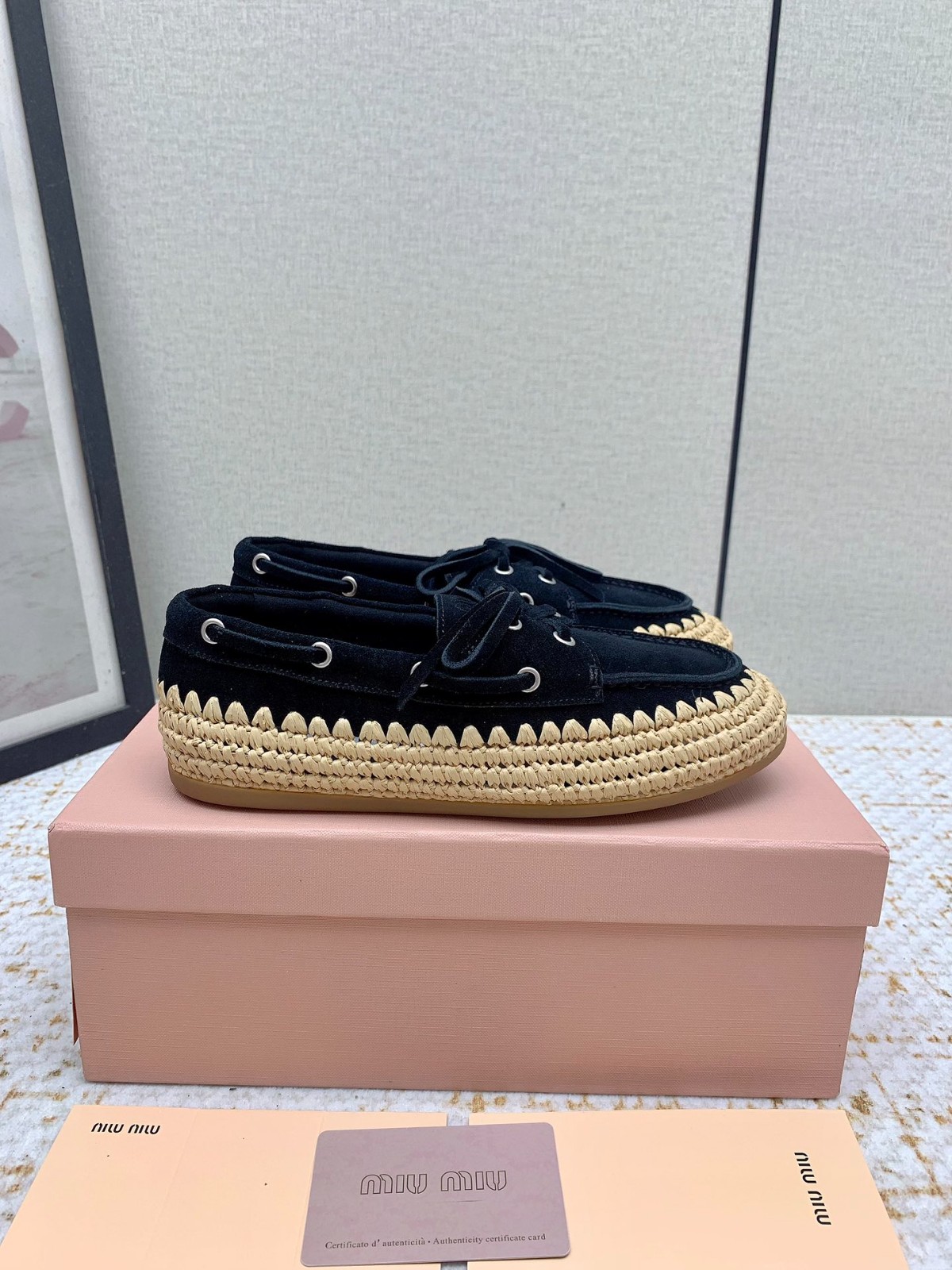 スエードxラフィア デッキシューズ ミュウミュウ シューズ スエードxラフィア デッキシューズ ミュウミュウ シューズ