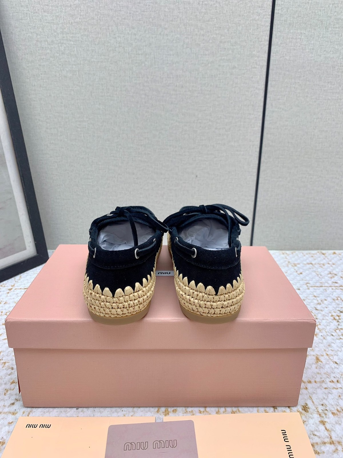 スエードxラフィア デッキシューズ ミュウミュウ シューズ