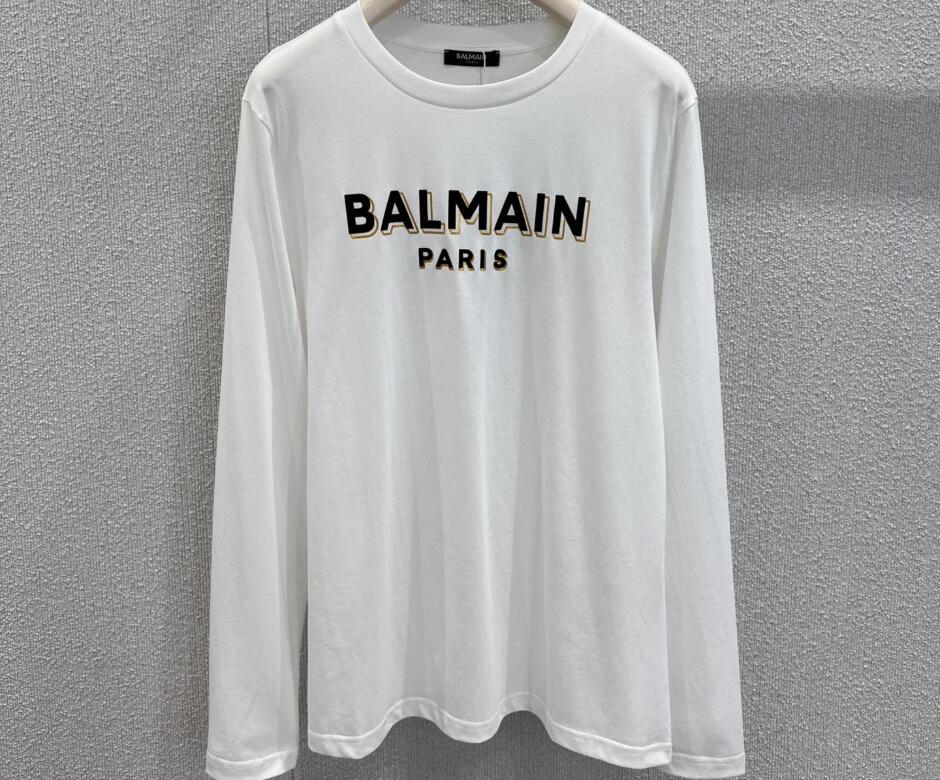 シンプル ロゴプリント 長袖Tシャツ バルマン Tシャツ コピー コットン ホワイト