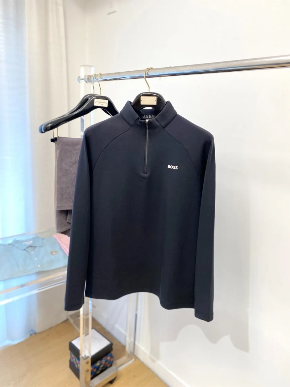 シンプル 洗練された 胸ロゴ ハーフジップ 長袖Tシャツ ヒューゴ・ボス Tシャツ 偽物