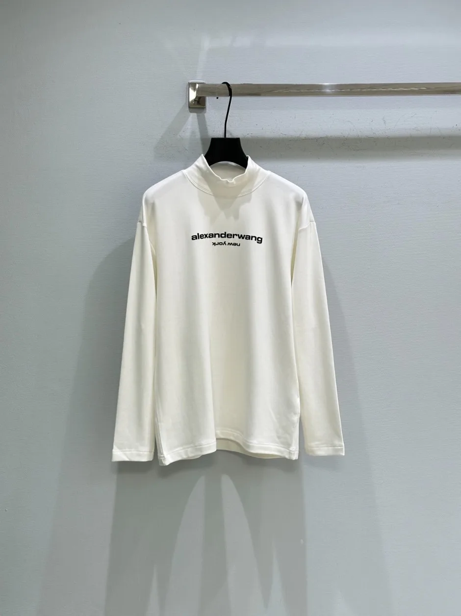 アレキサンダーワング Tシャツ 偽物 カジュアル ロゴ入り モックネック 長袖Tシャツ ホワイト