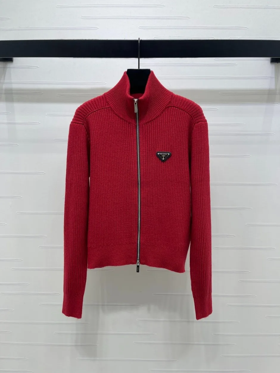 【カシミヤ混】プラダ カーディガン レッド系 Mサイズ相当 カシミヤ＆ウール ダブルジップ カーディガン プラダ ニット 偽物