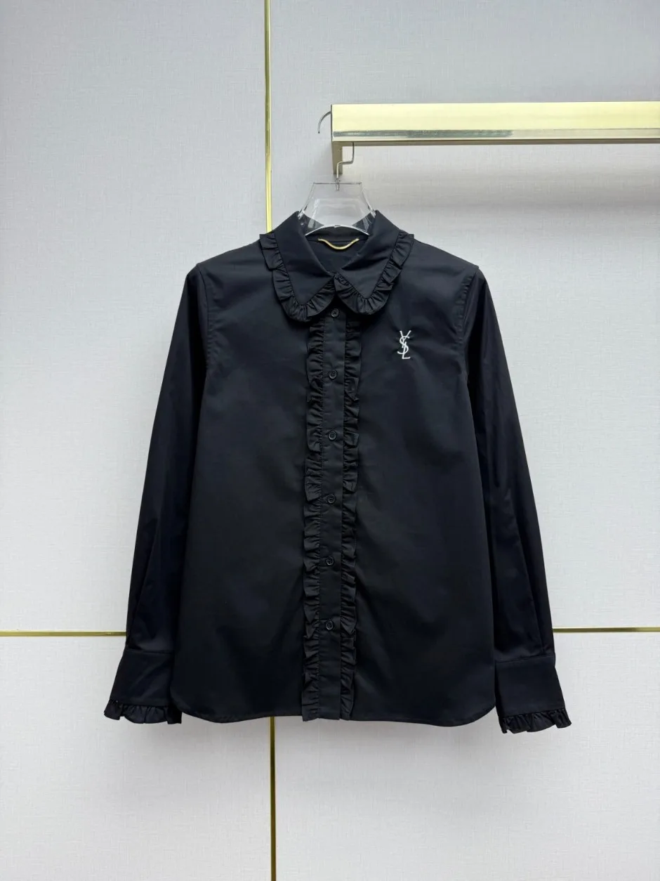 YSL ロゴ刺繍 フリル付き 長袖シャツ イヴ・サンローラン シャツ 偽物 ブラック