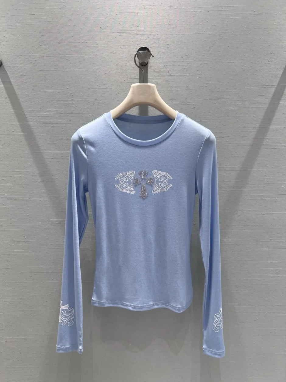 シンプル スタイリッシュ クルーネック 長袖Tシャツ クロムハーツ Tシャツ 偽物 ライトブルー