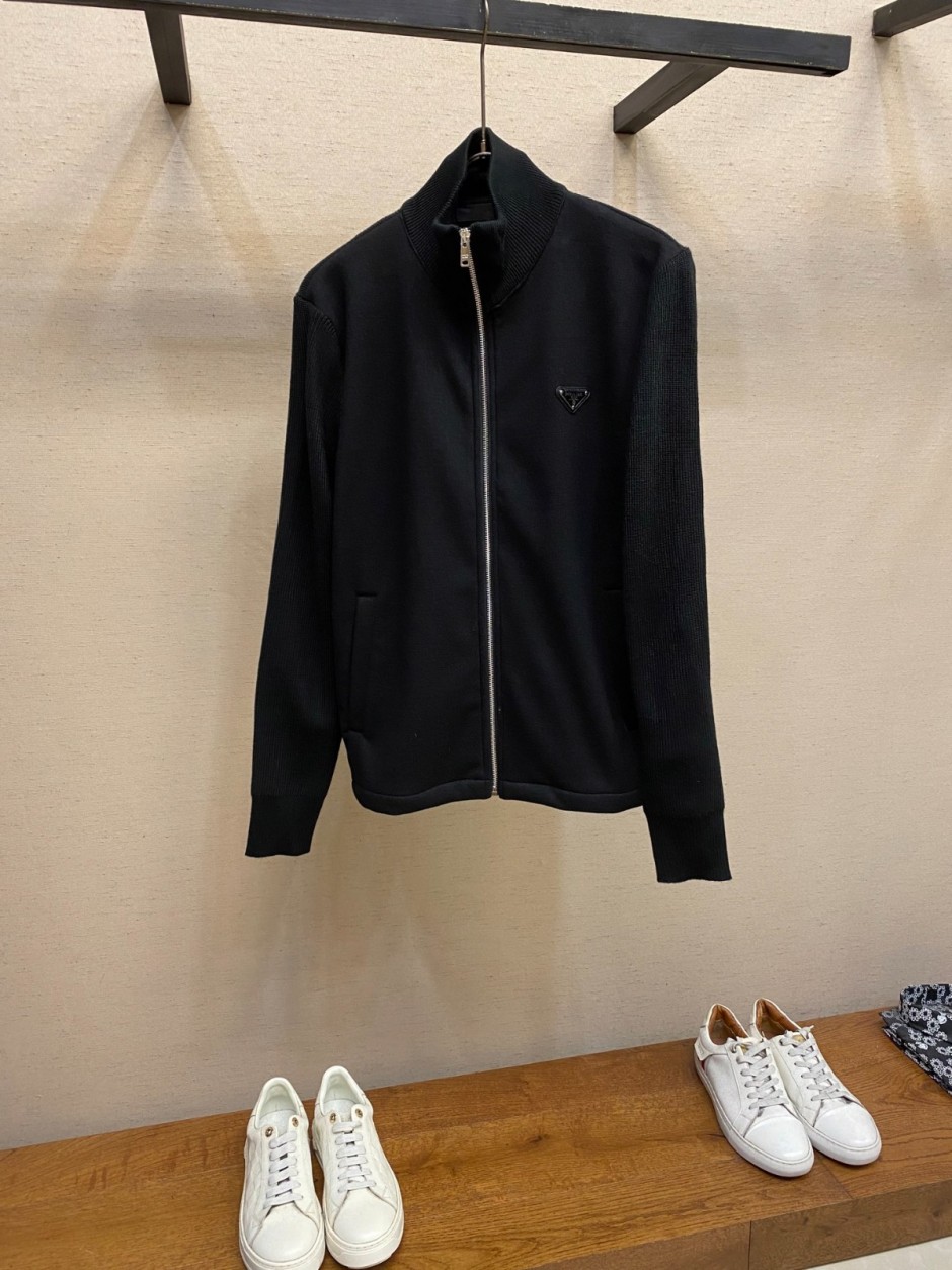 ニット切り替え ジップアップ ブルゾン プラダ ジャケット 偽物 ブラック
