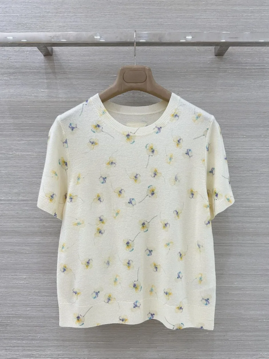 フローラルプリント カシミヤ クルーネック 半袖ニット プラダ セーター 偽物