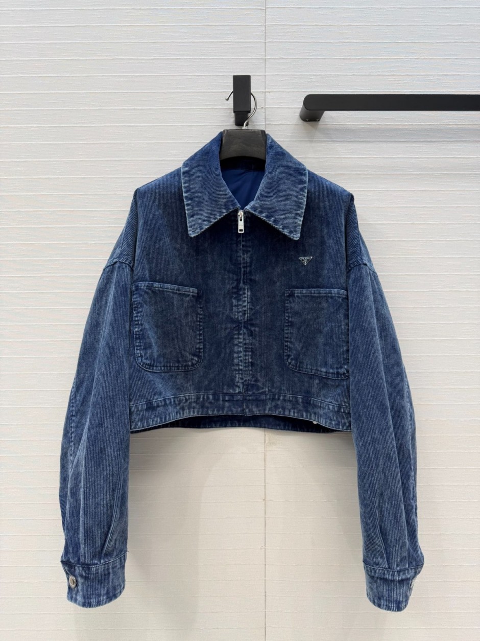 コーデュロイ クロップド ジップジャケット プラダ ジャケット 偽物 ブルー