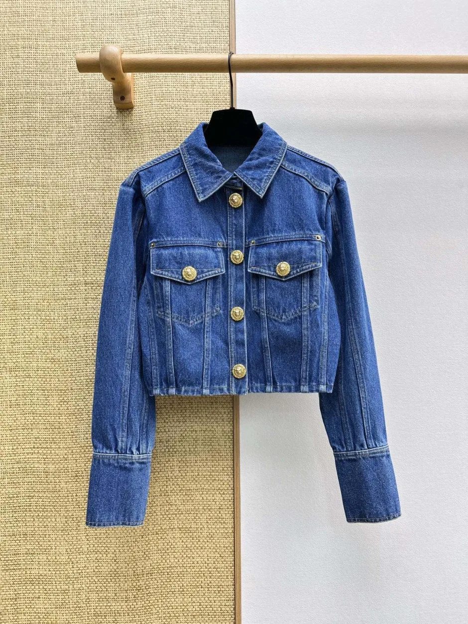 ゴールドボタン バルマン ジャケット コピー クロップド デニムジャケット