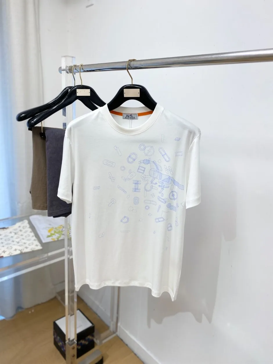 シンプル プリント クルーネック エルメス Tシャツ 偽物 半袖Tシャツ ホワイト シンプル プリント クルーネック エルメス Tシャツ 偽物 半袖Tシャツ ホワイト