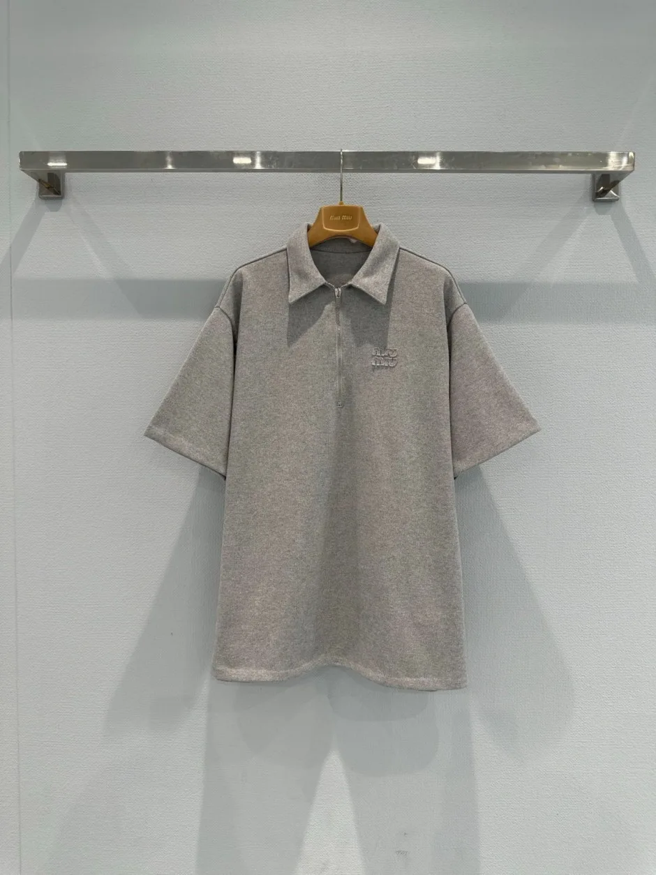 ハーフジップ コットンブレンド ポロシャツ ミュウミュウ Tシャツ コピー グレー ハーフジップ コットンブレンド ポロシャツ ミュウミュウ Tシャツ コピー グレー