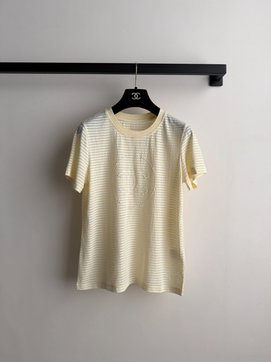 ボーダー柄 ロゴ クルーネック 半袖Tシャツ シャネル Tシャツ コピー