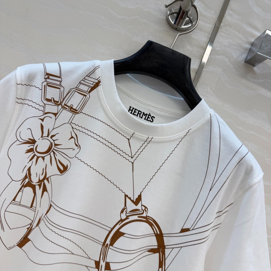 馬具デザイン●HERMES カットソー Tシャツ 総柄 ベルト ホワイト S相当 エルメス Tシャツ コピー 馬具プリント コットン クルーネックTシャツ