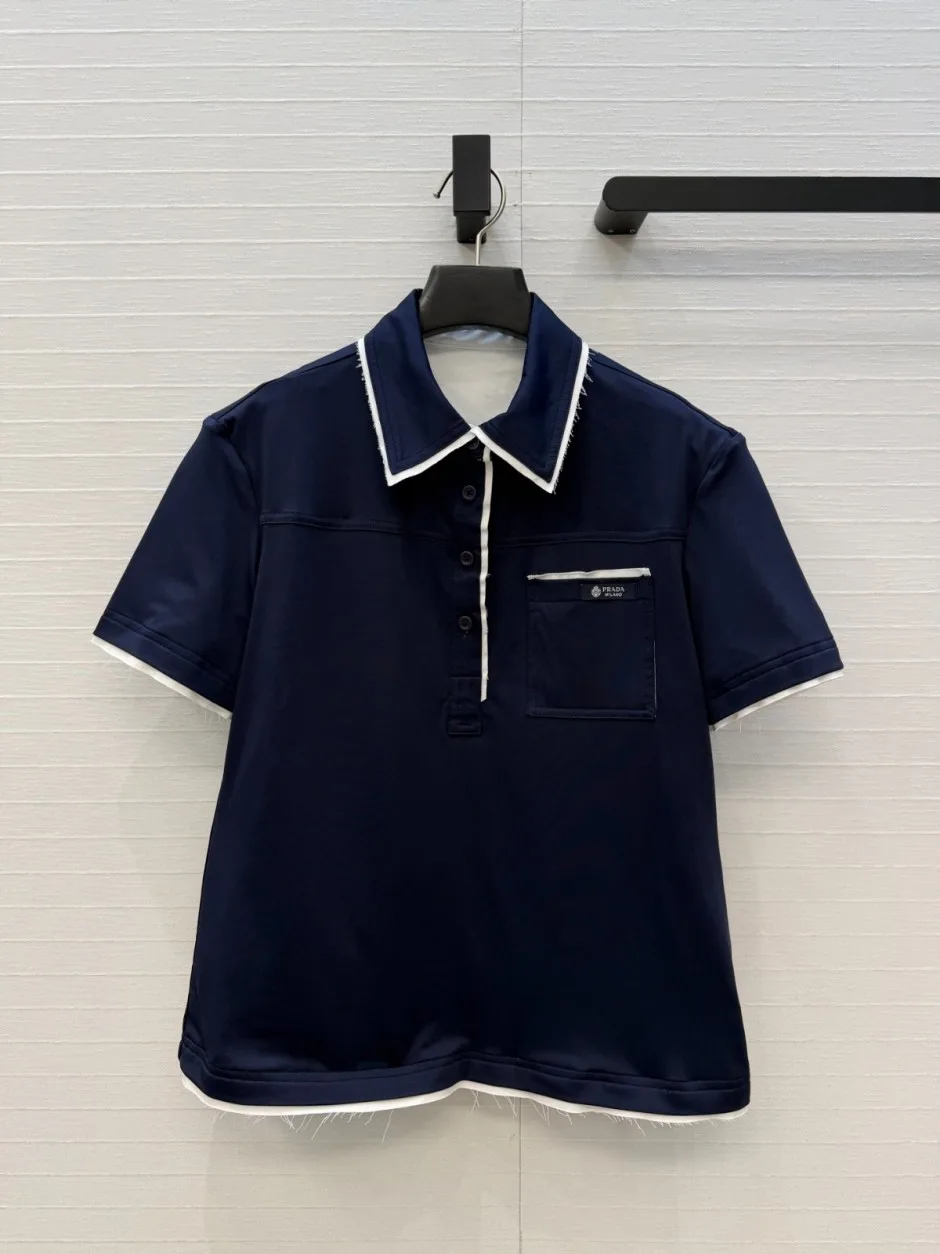 プラダ Tシャツ 偽物 カジュアル 配色 ポロシャツ コットン混 ネイビー プラダ Tシャツ 偽物 カジュアル 配色 ポロシャツ コットン混 ネイビー