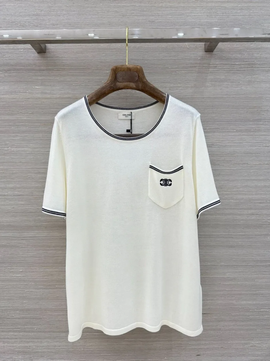 トリオンフ刺繍 クルーネックニットTシャツ セリーヌ Tシャツ 偽物 ホワイト トリオンフ刺繍 クルーネックニットTシャツ セリーヌ Tシャツ 偽物 ホワイト
