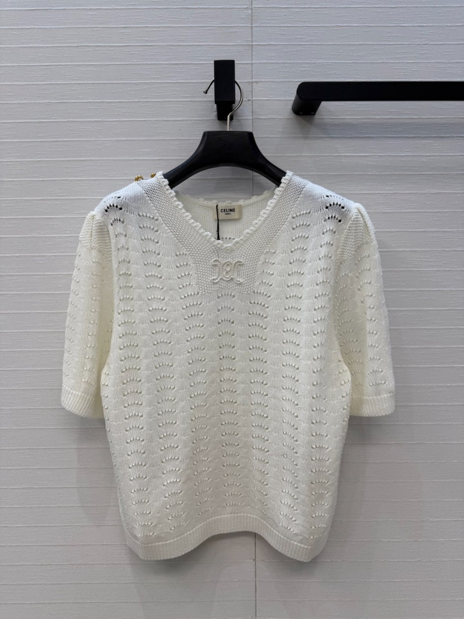 CELINE セリーヌ トリオンフ刺繍 サマーニット トリオンフ刺繍 透かし編みニットトップス セリーヌ ニット 偽物 コットン