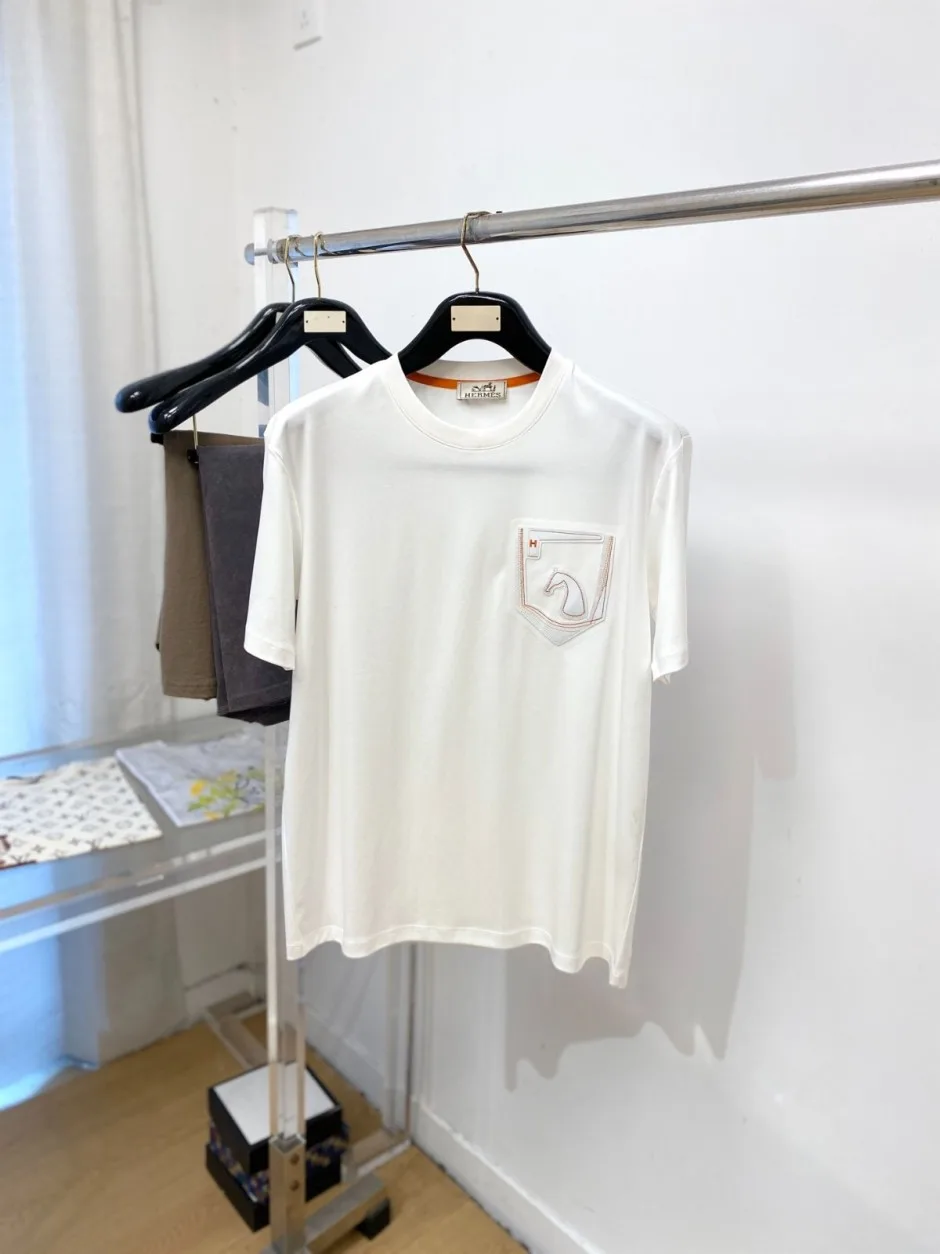 異素材ディテール クルーネック 半袖Tシャツ エルメス Tシャツ 偽物 ホワイト