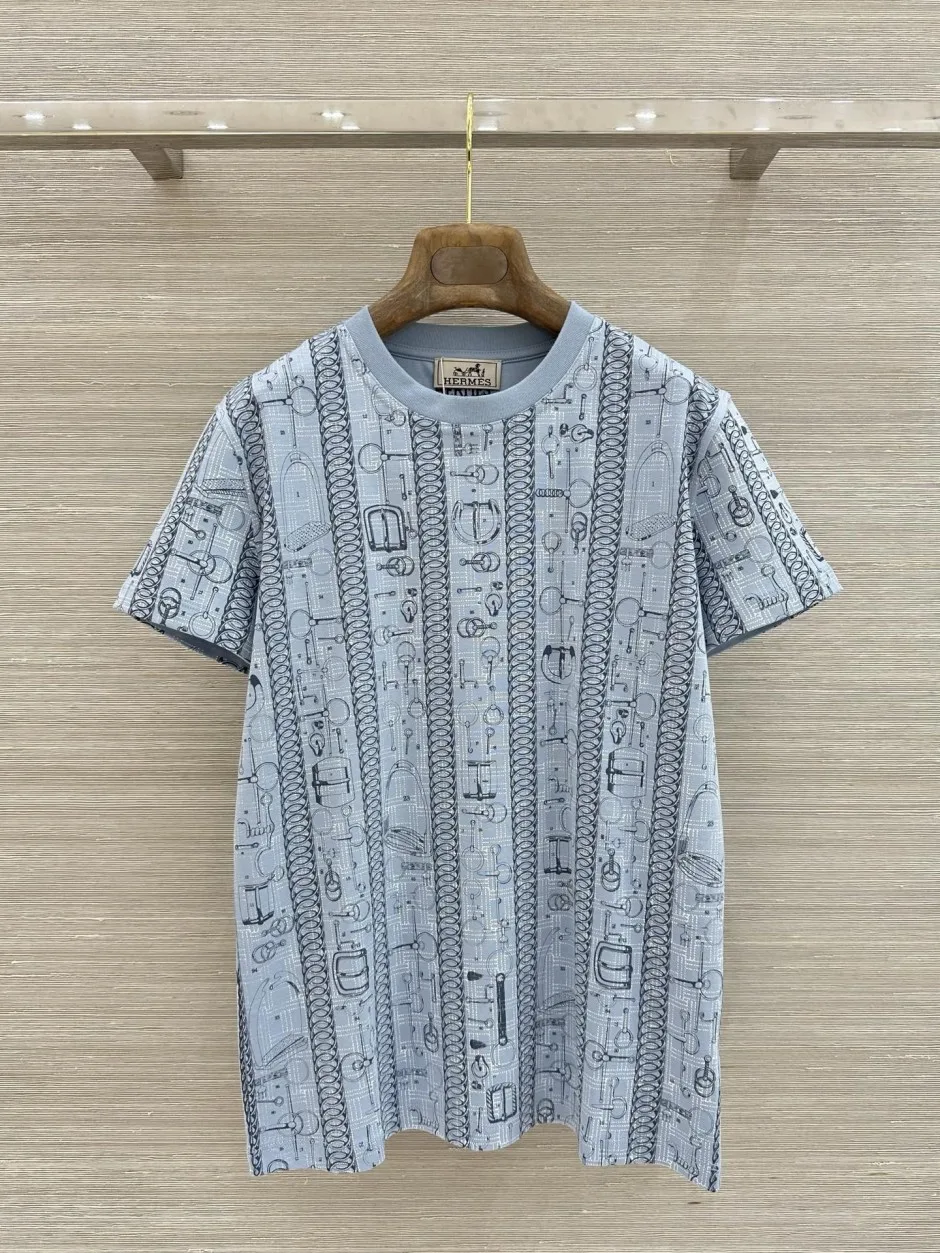 カジュアル おしゃれ 総柄 半袖Tシャツ エルメス Tシャツ 偽物 コットン ブルー カジュアル おしゃれ 総柄 半袖Tシャツ エルメス Tシャツ 偽物 コットン ブルー