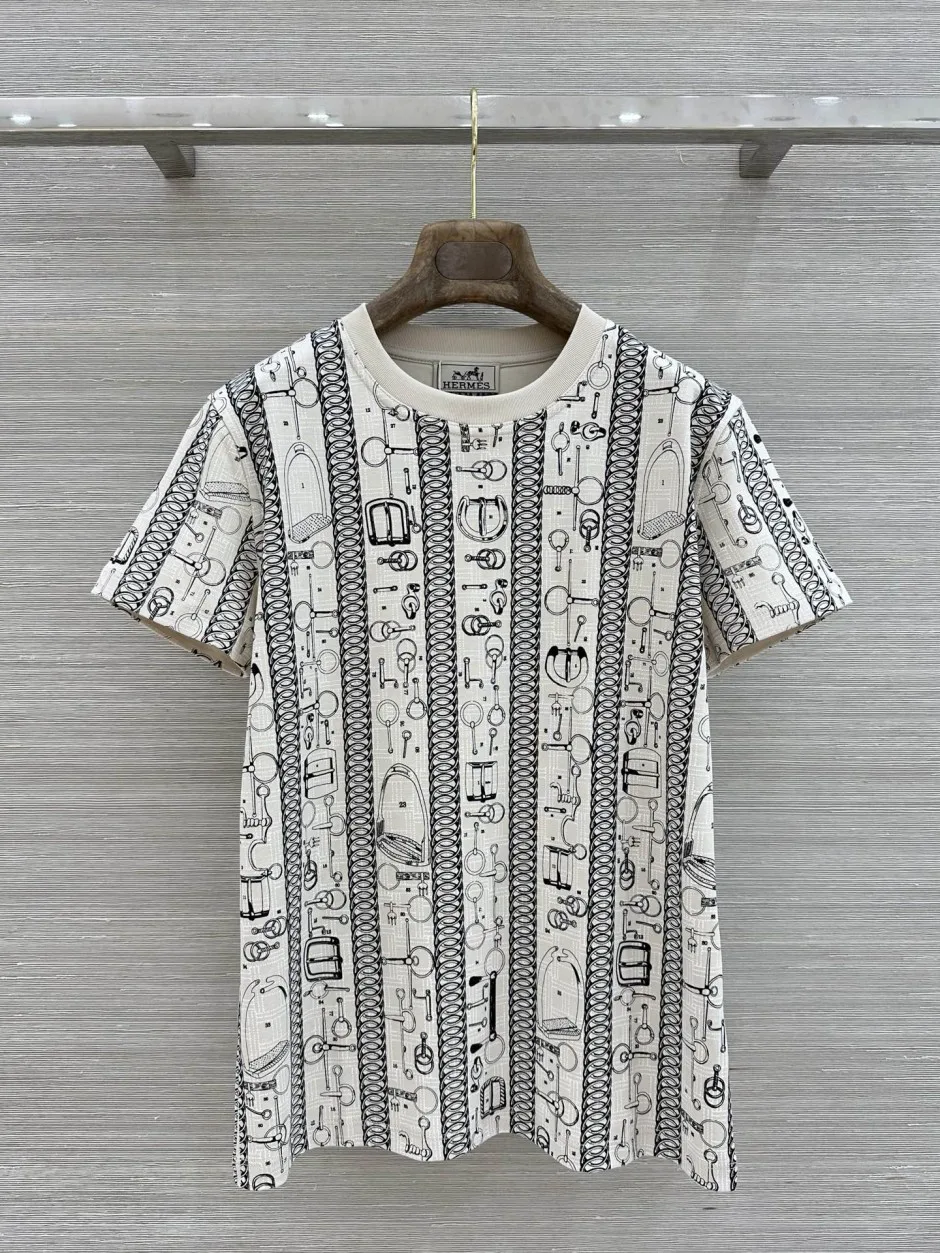 カジュアル おしゃれ 総柄 半袖Tシャツ エルメス Tシャツ 偽物 コットン オフホワイト カジュアル おしゃれ 総柄 半袖Tシャツ エルメス Tシャツ 偽物 コットン オフホワイト