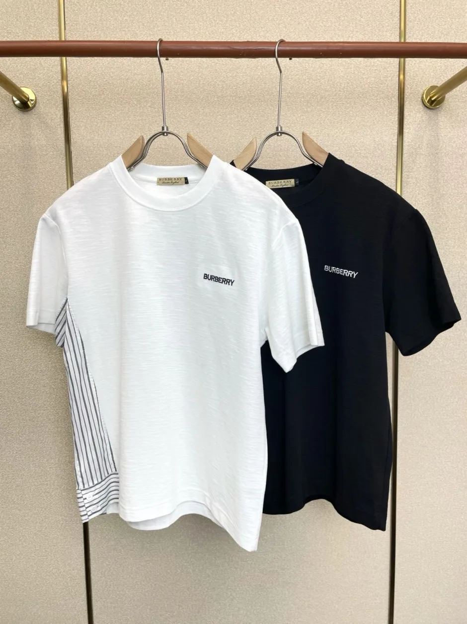 カジュアル ストライプ切り替え 半袖Tシャツ バーバリー Tシャツ 偽物 コットン