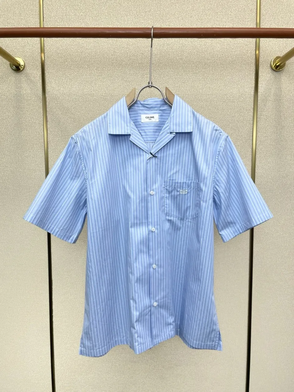 爽やか オープンカラー 半袖 ストライプシャツ セリーヌ シャツ 偽物 合わせやすい