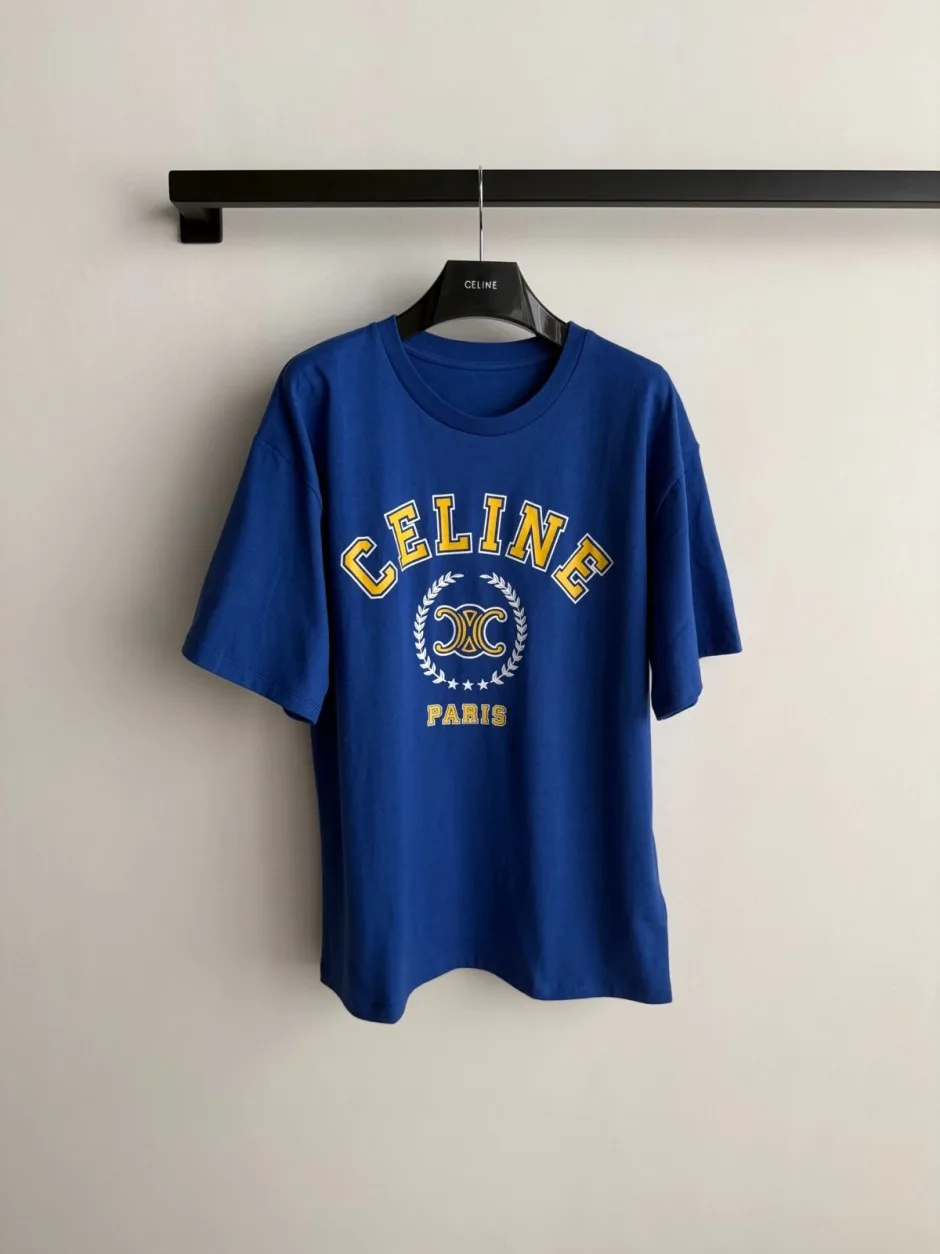 カレッジロゴ コットン 半袖Tシャツ セリーヌ Tシャツ 偽物 クルーネック ブルー カレッジロゴ コットン 半袖Tシャツ セリーヌ Tシャツ 偽物 クルーネック ブルー