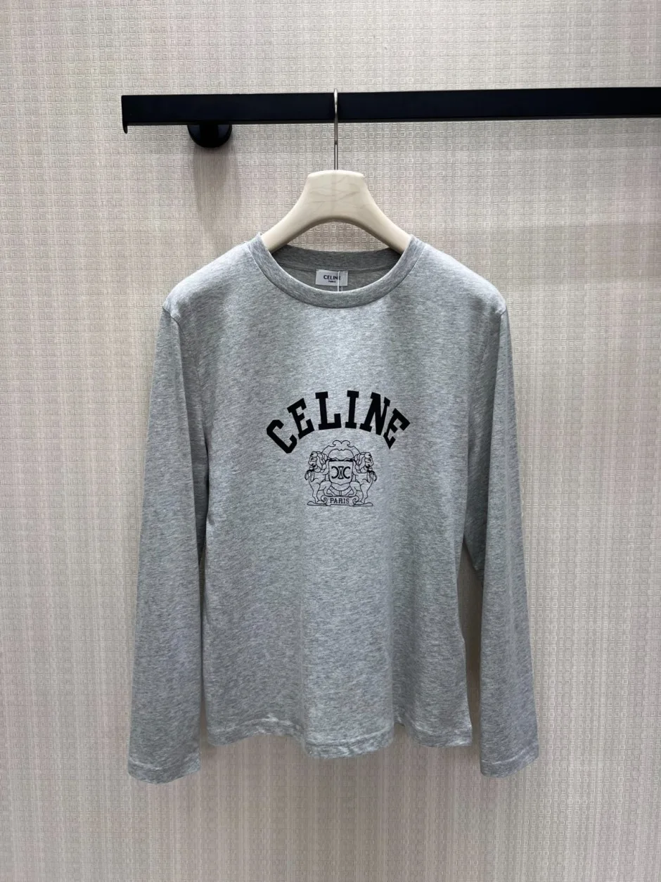 シンプル カジュアル ロゴプリント 長袖Tシャツ セリーヌ Tシャツ 偽物 グレー